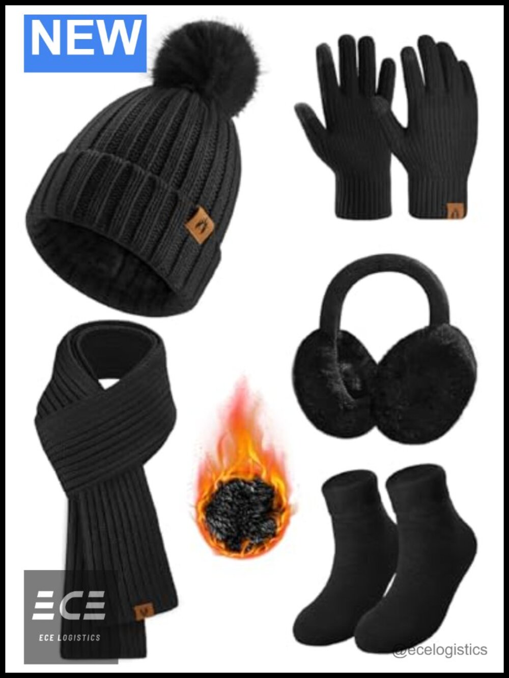 5pc Winter Beanie Scarf Touchscreen Gloves Ear Muffs Fuzzy Socks Set